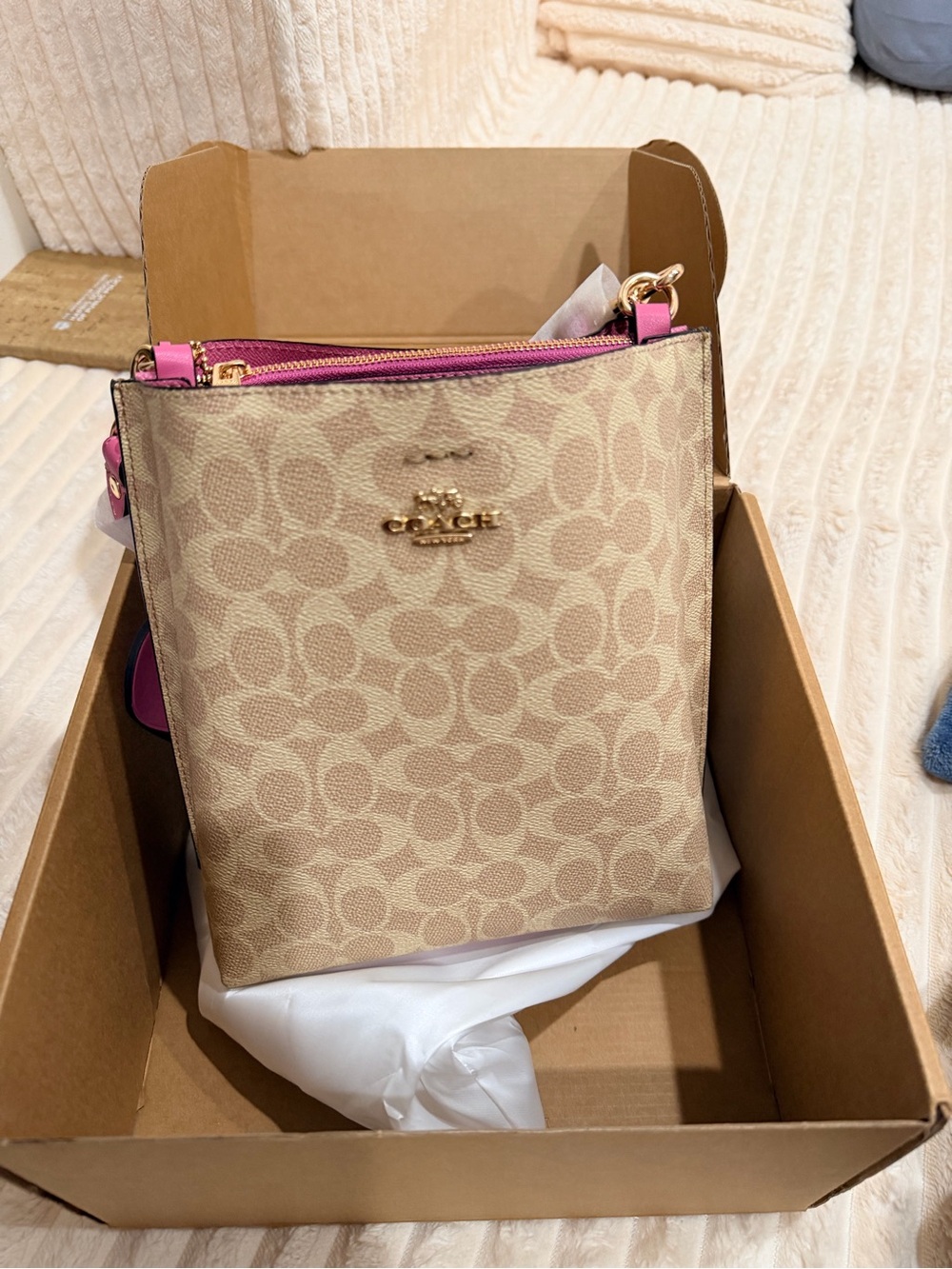 Coach Beige Signature Crossbody with Pink Trim